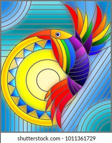 Illustration in stained glass style with abstract geometric rainbow bird