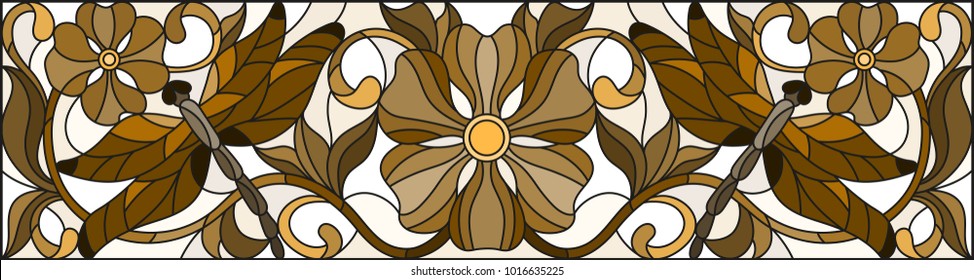 Illustration in stained glass style with abstract dragonflies and flowers , mirror, horizontal image, brown tones of Sepia
