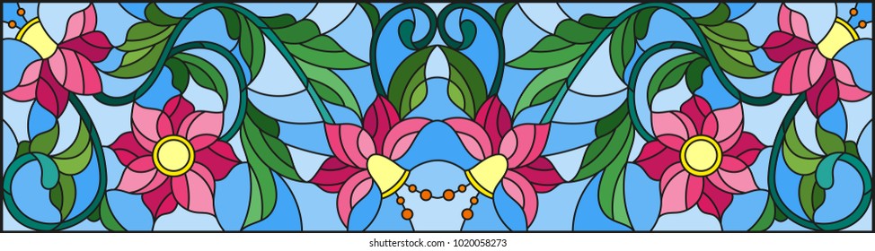 Illustration in stained glass style with abstract pink flowers on a blue background