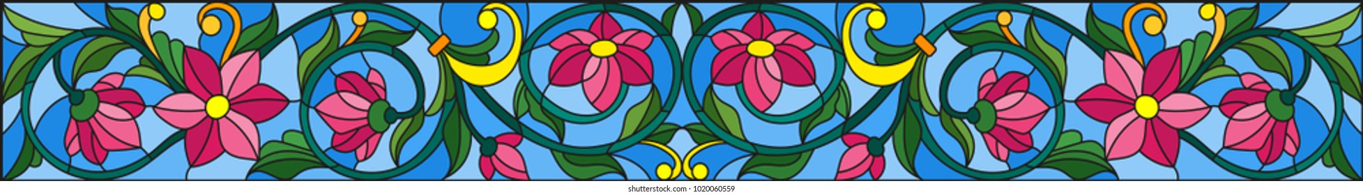 Illustration in stained glass style with abstract pink flowers on a blue background
