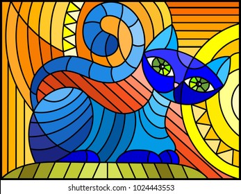 Illustration in stained glass style with abstract blue geometric cat on an orange background