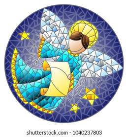 Illustration in stained glass style with an abstract angel in blue robe  , round picture 