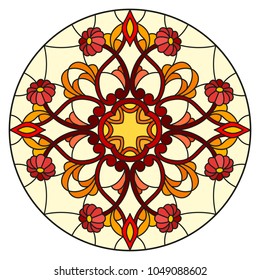 Illustration in stained glass style with abstract flowers, leaves and swirls, circular image on white background