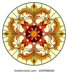 Illustration in stained glass style with abstract flowers, leaves and swirls, circular image on white background