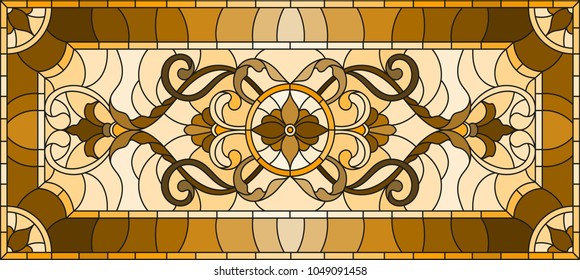 Illustration in stained glass style with abstract  swirls and leaves  on a light background,horizontal orientation, sepia