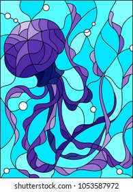 Illustration in stained glass style with abstract jellyfish against a blue sea and bubbles