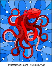 Illustration in stained glass style with abstract red octopus against a blue sea and bubbles