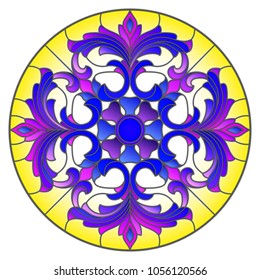 Illustration in stained glass style with abstract flowers, leaves and swirls, circular image on white background