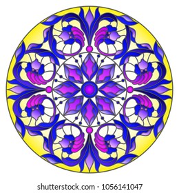 Illustration in stained glass style with abstract flowers, leaves and swirls, circular image on white background