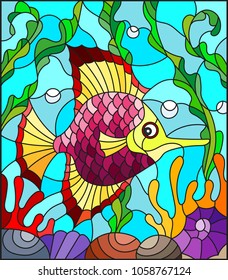 Illustration in stained glass style with abstract colorful exotic fish amid seaweed, coral and shells