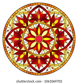 Illustration in stained glass style with abstract flowers, leaves and swirls, circular image on white background