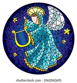 Illustration in stained glass style with an abstract angel in pink robe play the harp , round picture