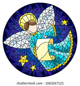 Illustration in stained glass style with an abstract angel in blue robe, round frame. 