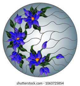 Illustration in stained glass style with abstract flowers, leaves and swirls, circular image on grey background