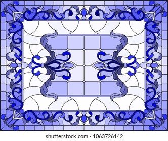 Illustration in stained glass style with abstract  swirls,flowers and leaves  on a light background,horizontal orientation gamma blue