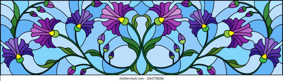 Illustration in stained glass style with abstract blue flowers on a blue  background,horizontal orientation