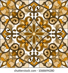 Illustration in stained glass style with abstract  swirls and leaves  on a light background,square orientation, sepia