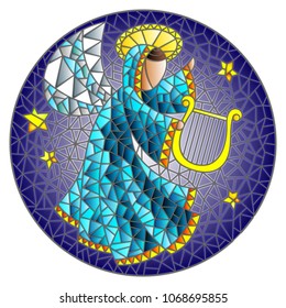 Illustration in stained glass style with an abstract angel in pink robe play the harp , round picture