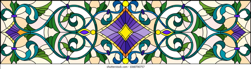 Illustration in stained glass style with abstract  swirls,flowers and leaves  on a light background,horizontal orientation