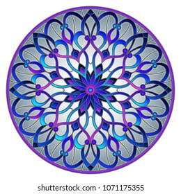 Illustration in stained glass style with abstract flowers, leaves and swirls, circular image on grey background