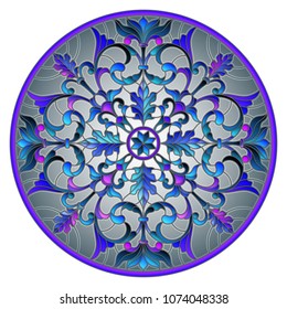 Illustration in stained glass style with abstract flowers, leaves and swirls, circular image on grey background