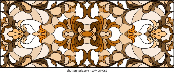 Illustration in stained glass style with abstract  swirls and leaves  on a light background,horizontal orientation, sepia