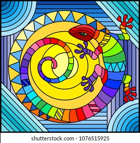Illustration in stained glass style with abstract rainbow lizard on blue background