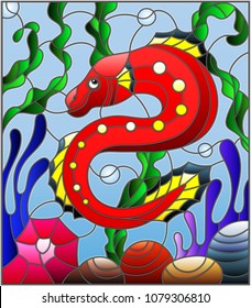 Illustration in stained glass style with abstract colorful exotic red fish amid seaweed, coral and shells