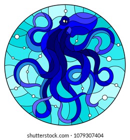 Illustration in stained glass style with abstract blue octopus against a blue sea and bubbles,round picture