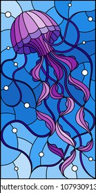 Illustration in stained glass style with abstract purple  jellyfish against a blue sea and bubbles