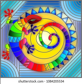 Illustration in stained glass style with abstract rainbow lizard on blue background