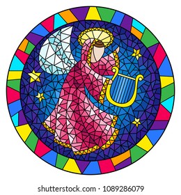 Illustration in stained glass style with an abstract angel in pink robe play the harp in bright frame  , round picture