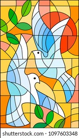 Illustration in stained glass style with abstract pigeons, the sun and branches n bright orange sky 