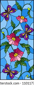 Illustration in stained glass style with abstract curly pink flower and an purple butterfly on blue background , vertical image