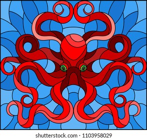 Illustration in stained glass style with abstract red octopus against a blue sea 