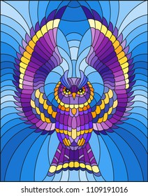 Illustration in stained glass style with abstract purple owl flying on sky background