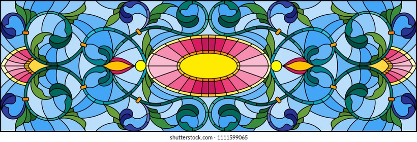 Illustration in stained glass style with abstract  swirls, flowers and leaves  on a blue background, horizontal orientation