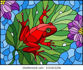 Illustration in stained glass style with abstract red frog on Lotus leaf on water and flowers
