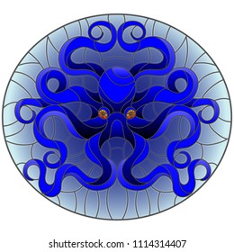 Illustration in stained glass style with abstract blue octopus against a blue sea ,round picture