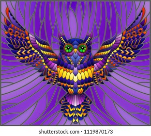 Illustration in stained glass style with abstract purple owl flying on sky background