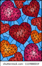 Illustration in stained glass style, abstract background with hearts on blue background