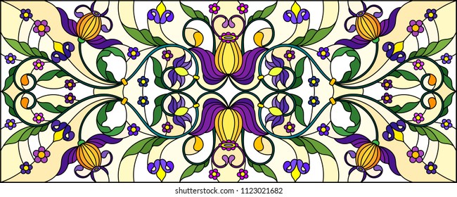 Illustration in stained glass style with abstract  swirls,flowers and leaves  on a light background,horizontal orientation