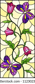 Illustration in stained glass style with abstract curly pink flower and an purple butterfly on yellow background , vertical image