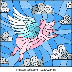 Illustration in stained glass style with abstract winged pig on the sky and clouds background