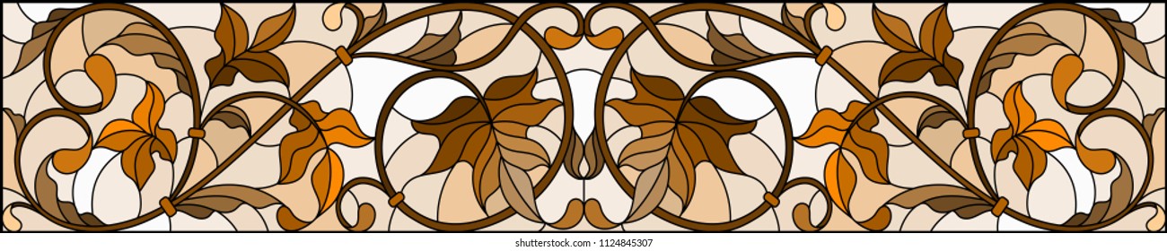 Illustration in stained glass style with abstract  swirls and leaves  on a light background,horizontal orientation, sepia