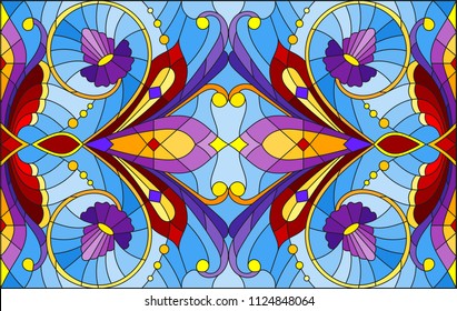 Illustration in stained glass style with abstract  swirls,flowers and leaves  on a blue background,horizontal orientation