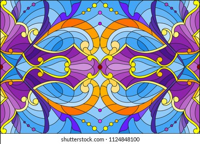 Illustration in stained glass style with abstract  swirls,flowers and leaves  on a blue background,horizontal orientation