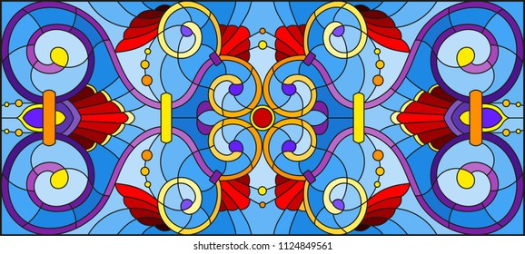 Illustration in stained glass style with abstract  swirls,flowers and leaves  on a blue background,horizontal orientation