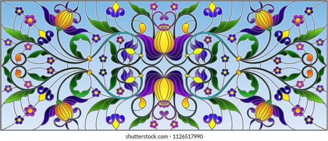 Illustration in stained glass style with abstract  swirls,flowers and leaves  on a blue background,horizontal orientation