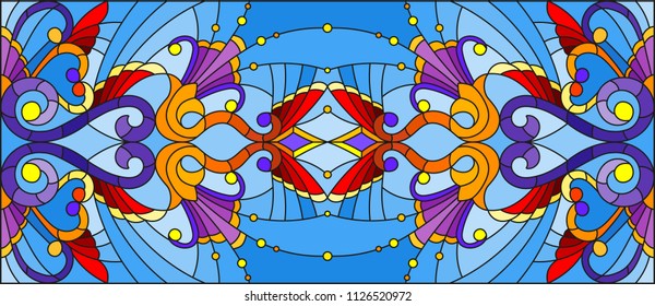 Illustration in stained glass style with abstract  swirls,flowers and leaves  on a blue background,horizontal orientation
